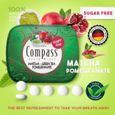 قرص خوشبو کننده دهان بدون قند نعناع تازه کامپس Compass Fresh Mints با طعم چای سبز ماچا و انار Matcha Green Tea Pomegranate