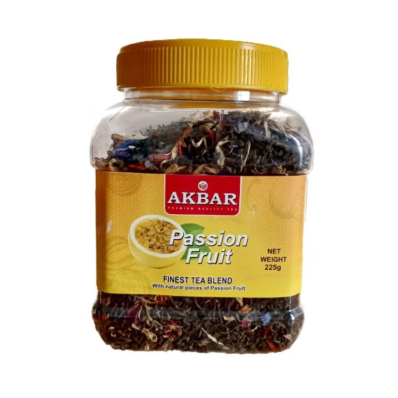 چای مراکشی اکبر Akbar مدل پشن فروت Passion Fruit (قوطی پلاستیکی 225 گرمی)