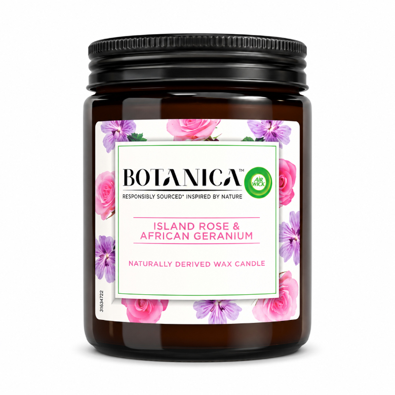 شمع معطر بوتانیکا Botanica مدل رز جزیره‌ای و شمعدانی آفریقایی Island Rose & African Geranium