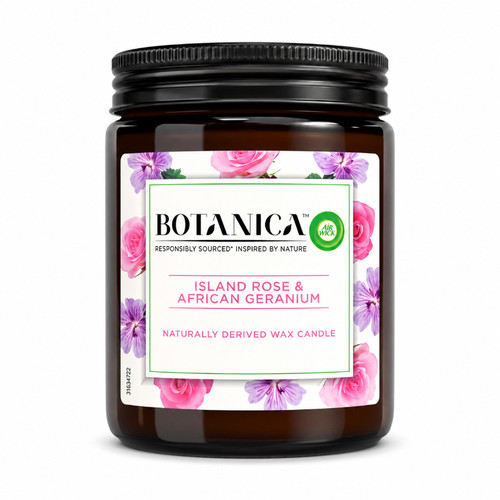 شمع معطر بوتانیکا Botanica مدل رز جزیرهای و شمعدانی آفریقایی Island Rose & African Geranium
