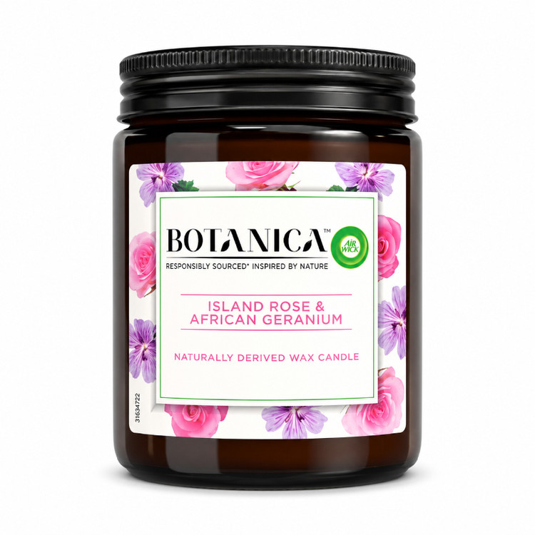 شمع معطر بوتانیکا Botanica مدل رز جزیرهای و شمعدانی آفریقایی Island Rose & African Geranium