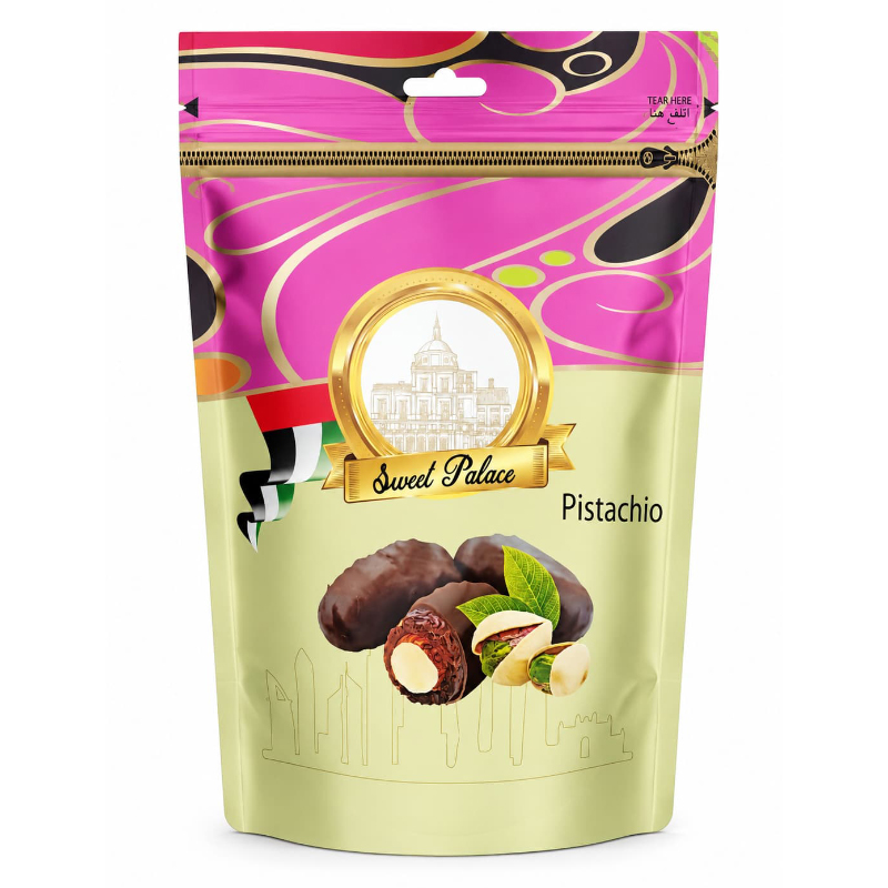 خرما شکلاتی مغزدار سویت پالاس Sweet Palace با مغز پسته Pistachio (بسته ۲۵۰ گرمی)