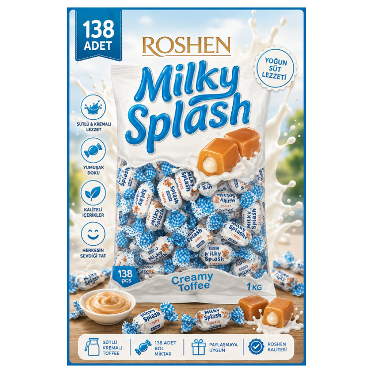 تافی شیری روشن Roshen مدل Milky Splash (بسته ۱ کیلویی)