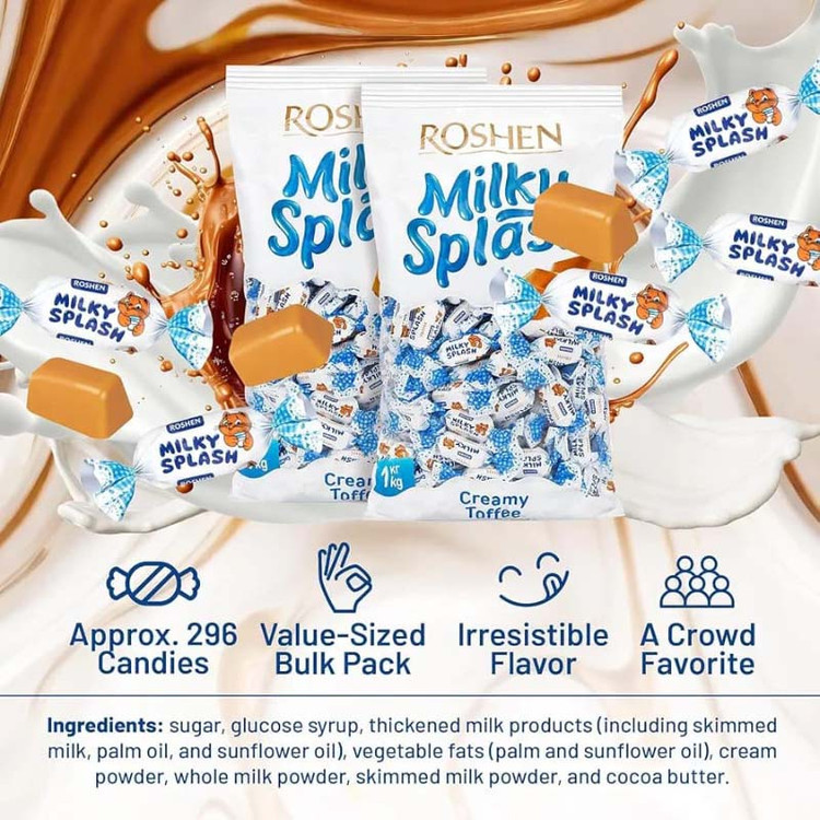 تافی شیری روشن Roshen مدل Milky Splash ( بسته یک کیلویی )