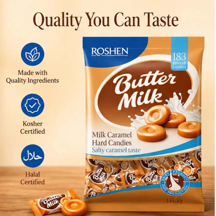 آبنبات شیری کاراملی روشن Roshen مدل Butter Milk ( بسته یک کیلویی )