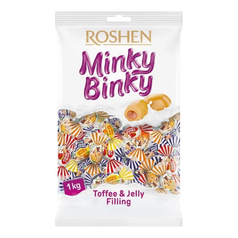 تافی مغزدار میوه‌ای روشن Roshen  مدل مینکی بینکی Minky Binky ( بسته یک کیلویی )