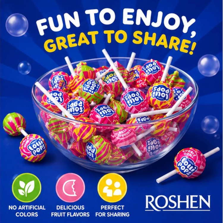 آبنبات چوبی میوه ای روشن Roshen مدل آدامسی Gum ( بسته ۴۸ عددی )