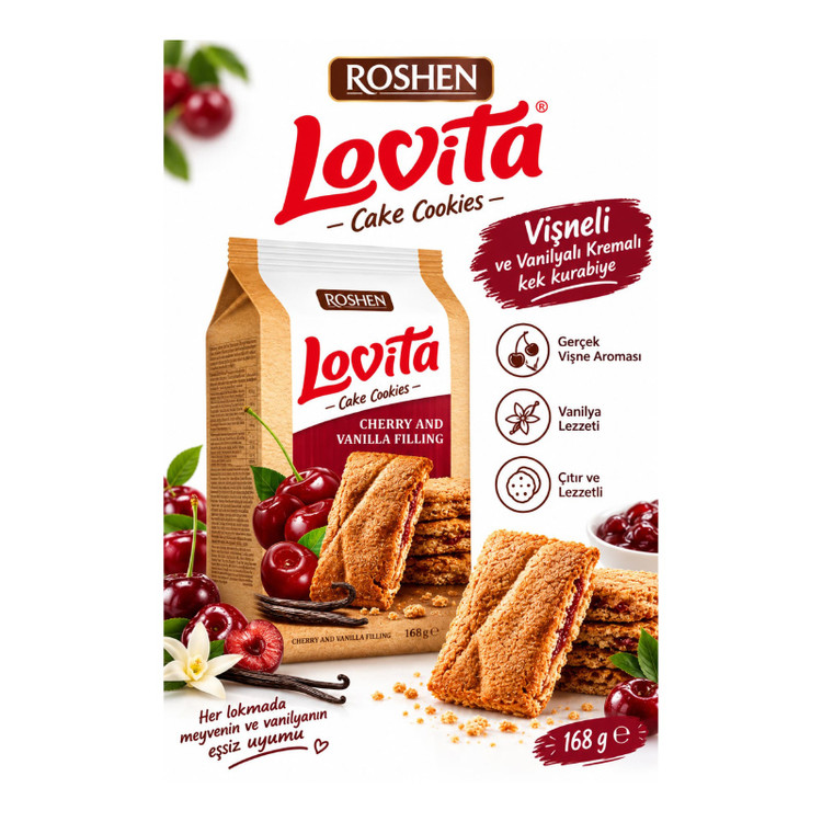 کیک کوکی مغزدار لاویتا روشن Roshen Lovita با طعم آلبالو و وانیل ( بسته 168 گرمی )