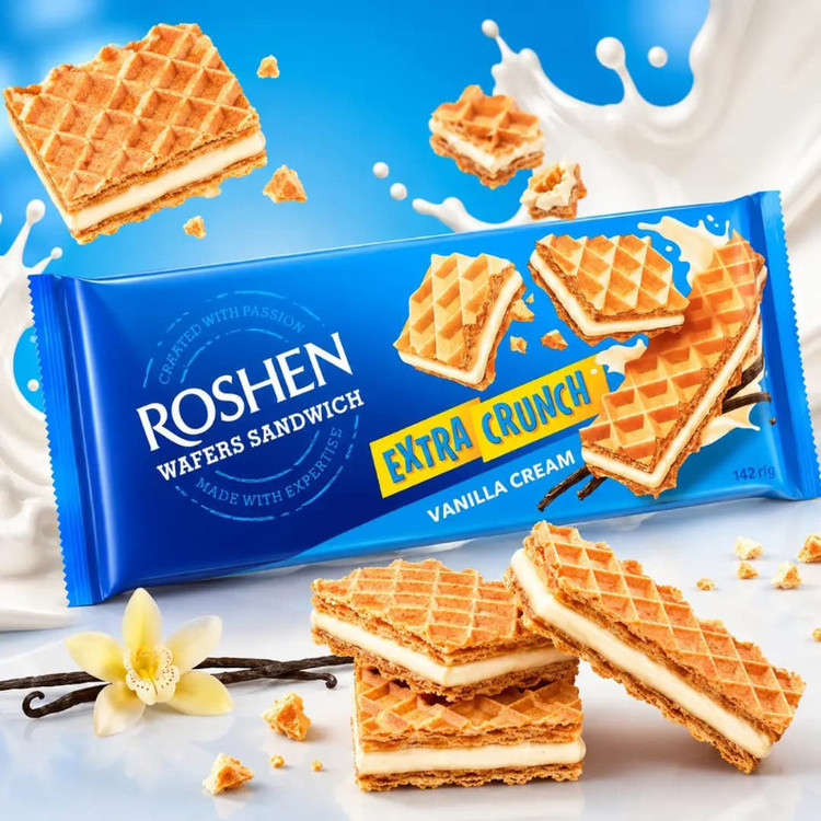 ویفر ساندویچی اکسترا کرانچ روشن Roshen مدل کرم وانیلی Vanilla Cream ( بسته ۱۴۲ گرمی )