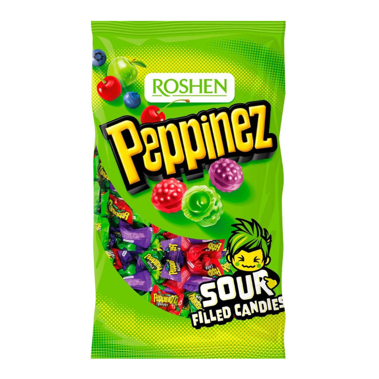آبنبات ترش مغزدار میوه ای روشن Roshen مدل Peppinez ( بسته ۹۰۰ گرمی )
