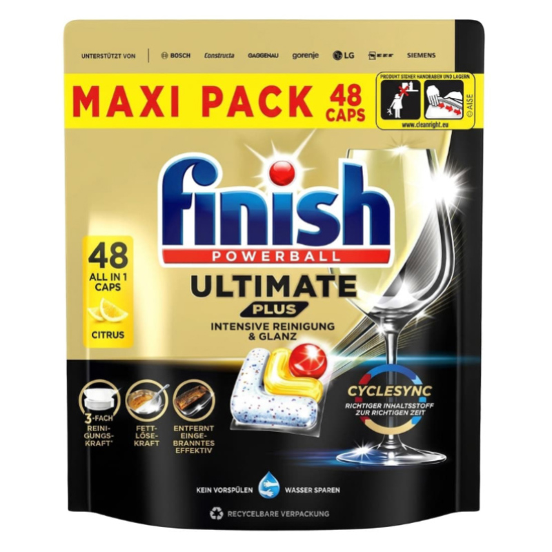 قرص ماشین ظرفشویی آلمانی فینیش Finish مدل Ultimate Plus لیمویی ( بسته ۴۸ عددی )