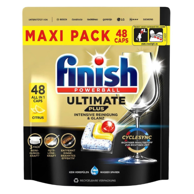 قرص ماشین ظرفشویی آلمانی فینیش Finish مدل Ultimate Plus لیمویی ( بسته ۴۸ عددی )