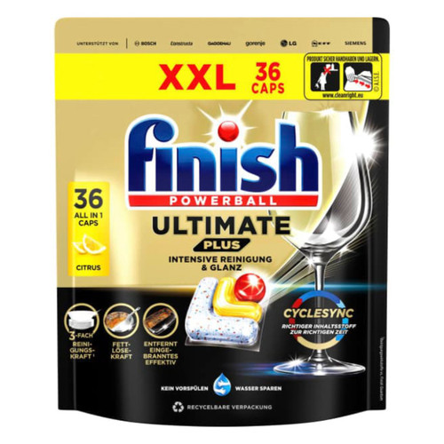قرص ماشین ظرفشویی آلمانی فینیش Finish مدل Ultimate Plus لیمویی ( بسته ۳۶ عددی )